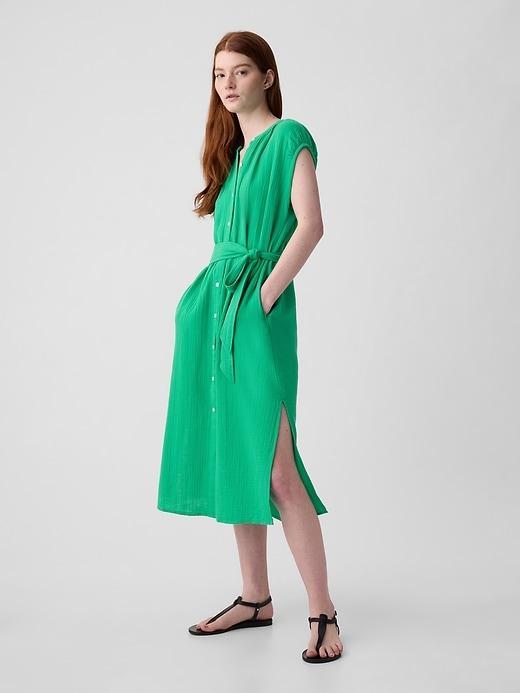 Crinkle Gauze Belted Midi Dress Product Image