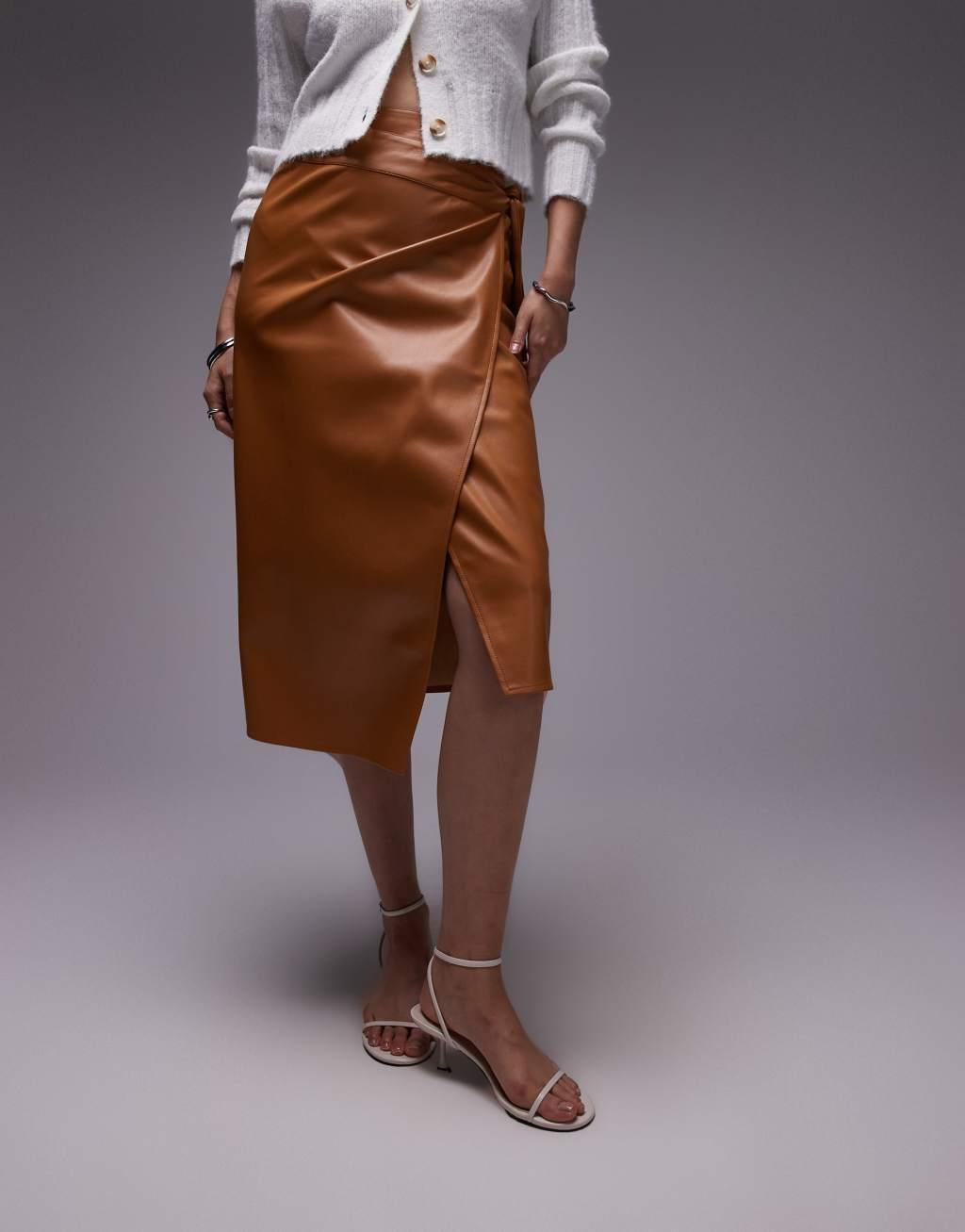 Never Fully Dressed PU wrap midi skirt in camel  Product Image