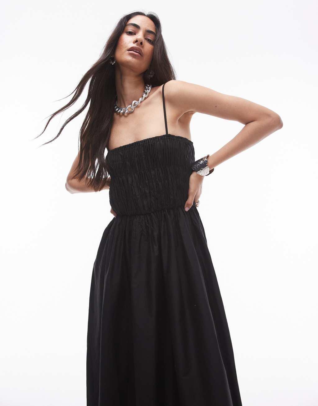 Topshop poplin bandeau maxi dress in black Product Image