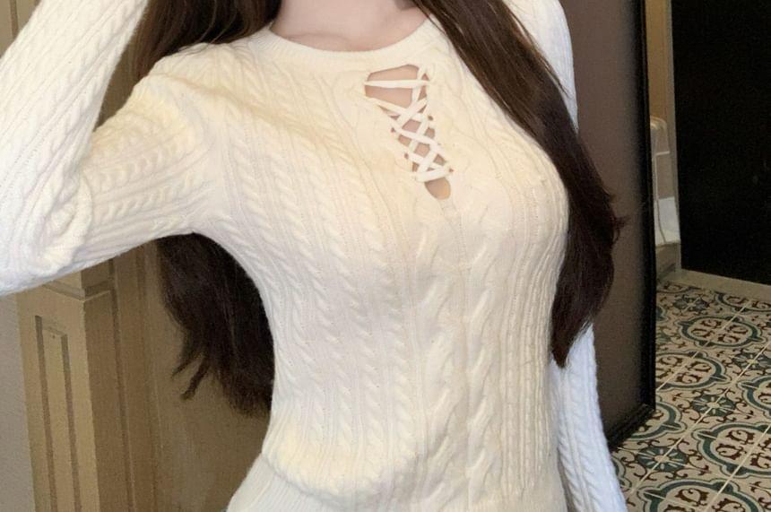 Long-Sleeve Round Neck Plain Cutout Cable Knit Slim Fit Top Product Image