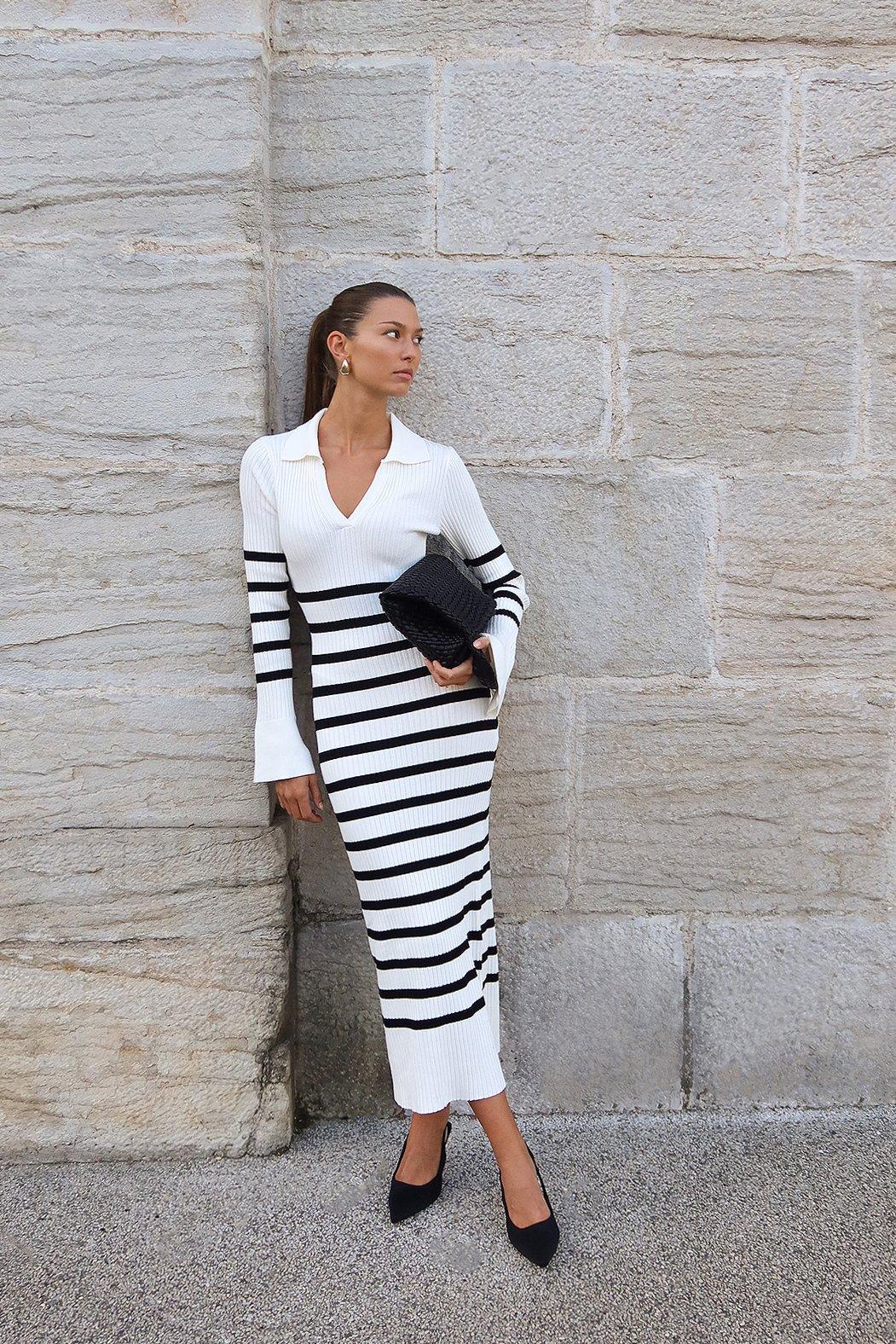 Striped Rib Knitted Trumpet Sleeve Dress Product Image