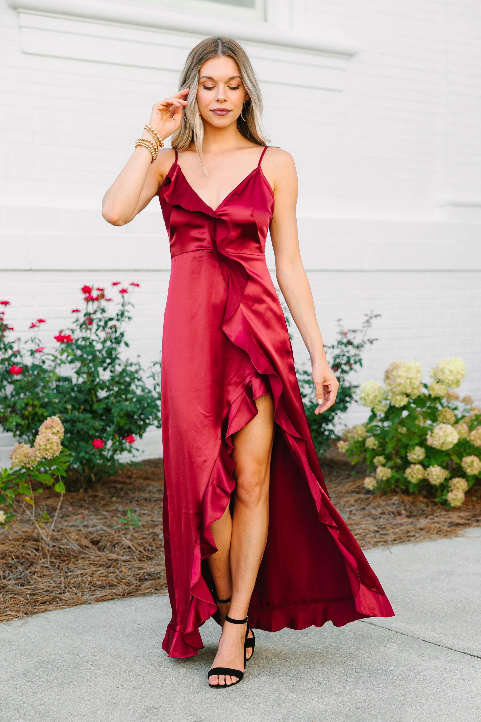 It's Gotta Be Love Burgundy Red Ruffled Maxi Dress Female Product Image