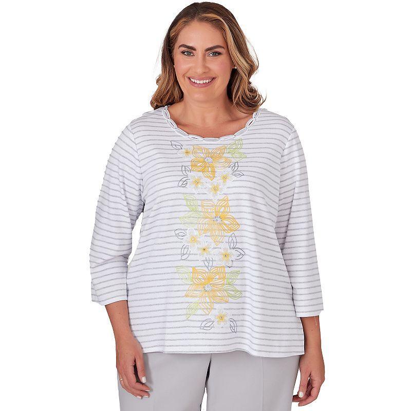 Plus Size Alfred Dunner Striped Embroidered Top, Womens White Product Image