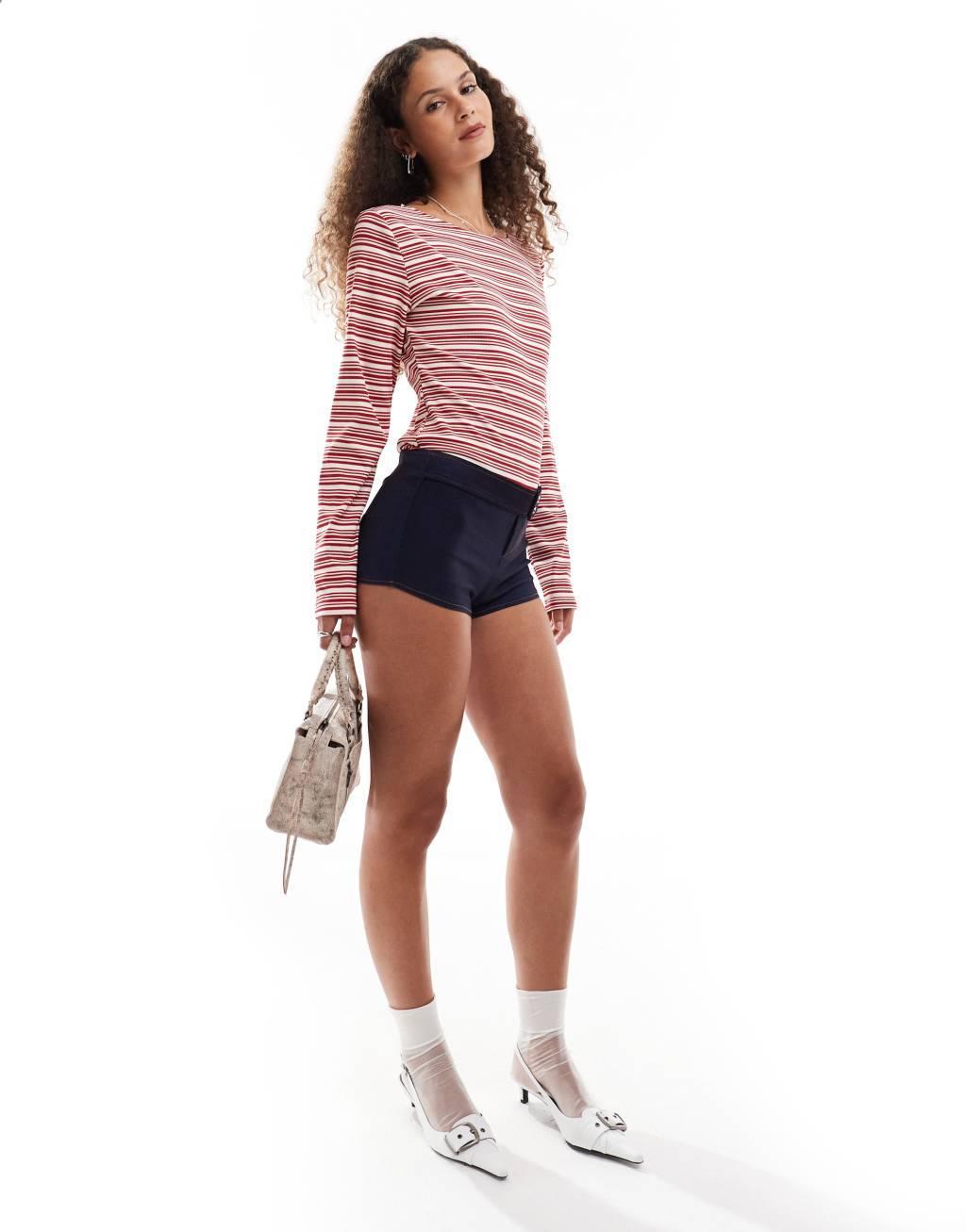 Motel haruka long sleeve striped fitted top in red and white Product Image