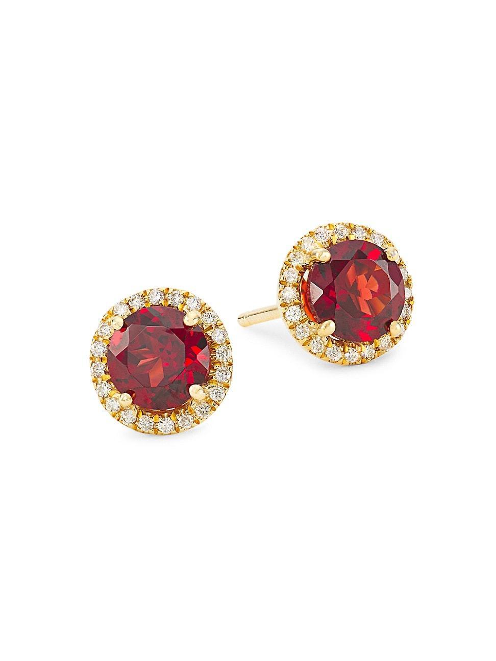 Womens 14K Yellow Gold, Garnet, & 0.16 TCW Diamond Halo Stud Earrings Product Image