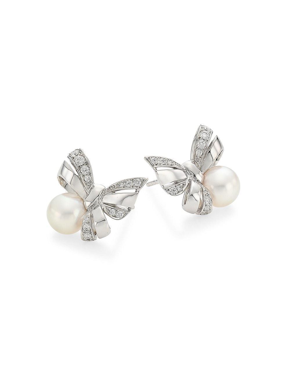 Womens Jeux de Rubans 18K White Gold, 7.5MM White Cultured Akoya Pearl & Diamond Ribbon Earrings Product Image