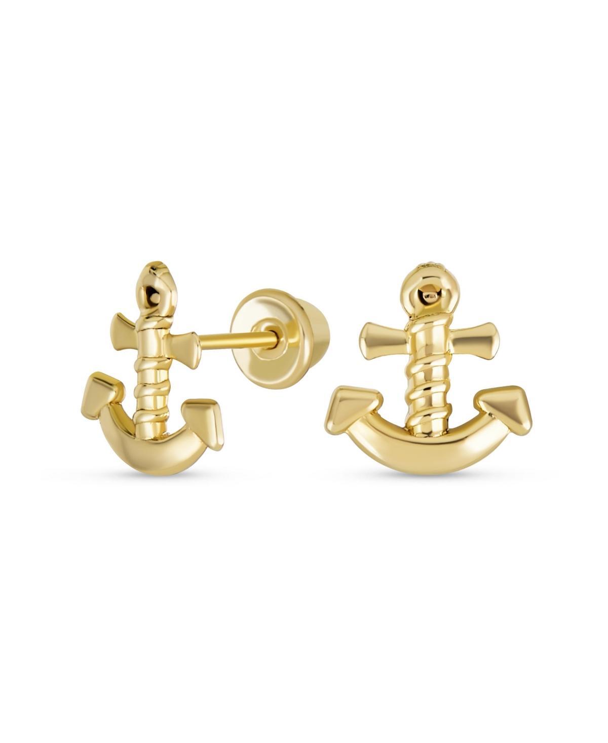 Bling Jewelry Petite Small Tropical Beach Vacation Honeymoon Simple Nautical Boat Anchor Screw Back Stud Earrings For Women Yellow 14K Gold Product Image