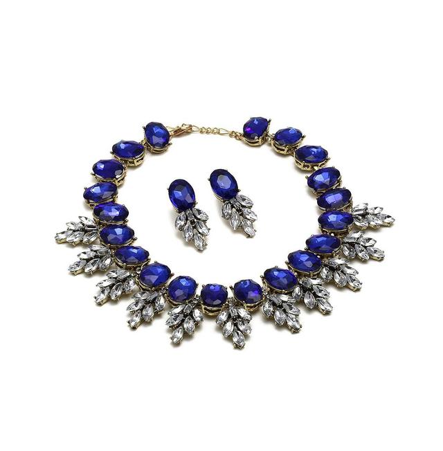 Sohi Womens Blue Stone Leaf Cluster Necklace And Earrings (Set Of 2) Product Image