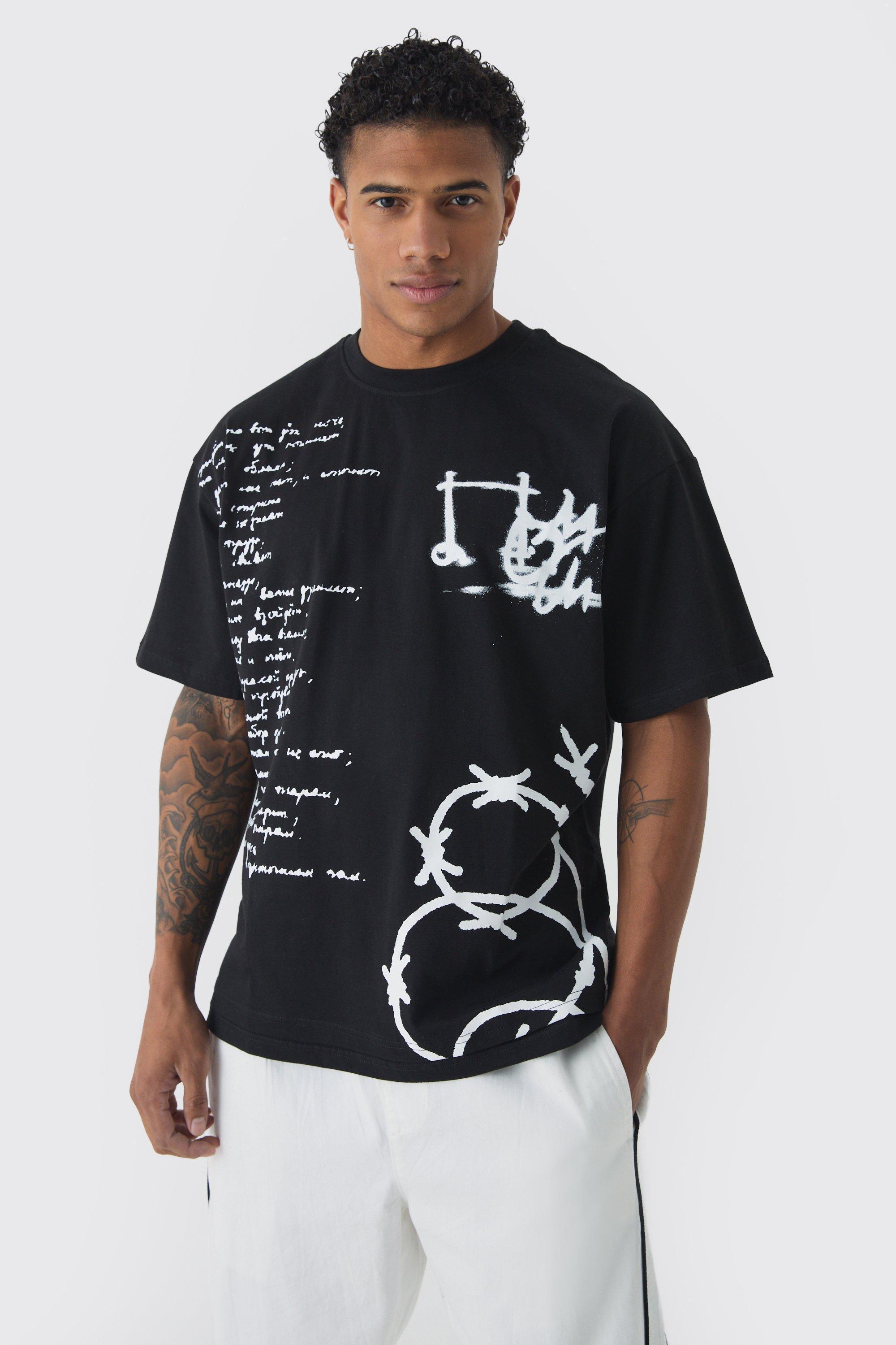 Oversized Heavyweight Multi Doodle Faux Hem Print T-Shirt | boohooMAN USA Product Image