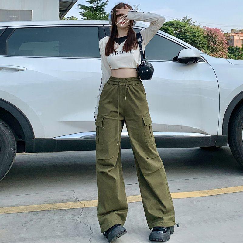 Drawstring Waist Plain Wide Leg Cargo Pants Product Image