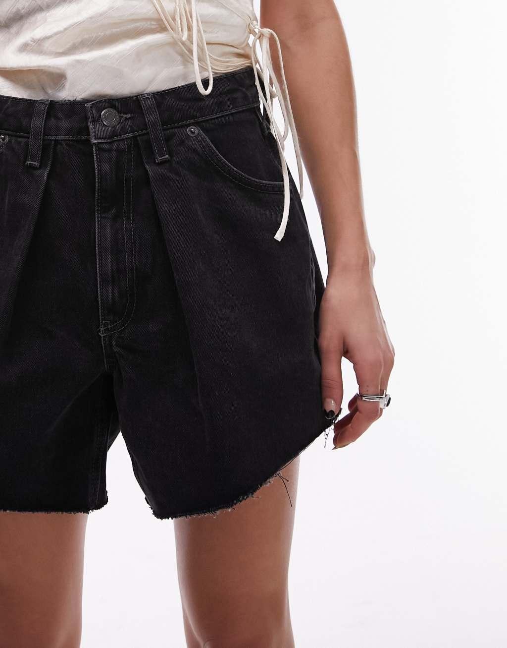 Topshop denim pleat shorts in washed black Product Image