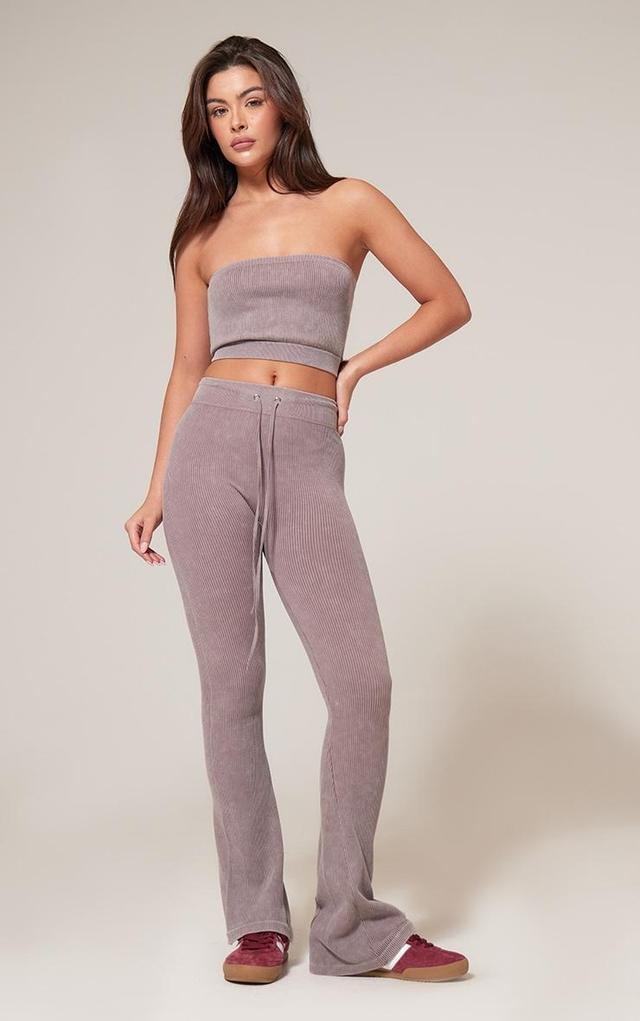 Taupe Faded Contour Rib Tie Waist Skinny Flare Trousers Product Image