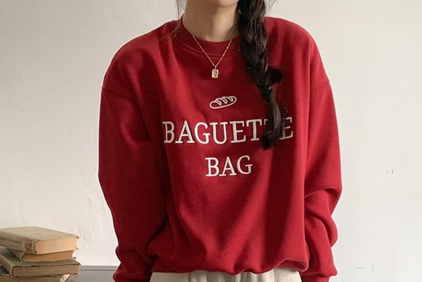 Round Neck Lettering Embroidered Fleece-Lined Sweatshirt Product Image