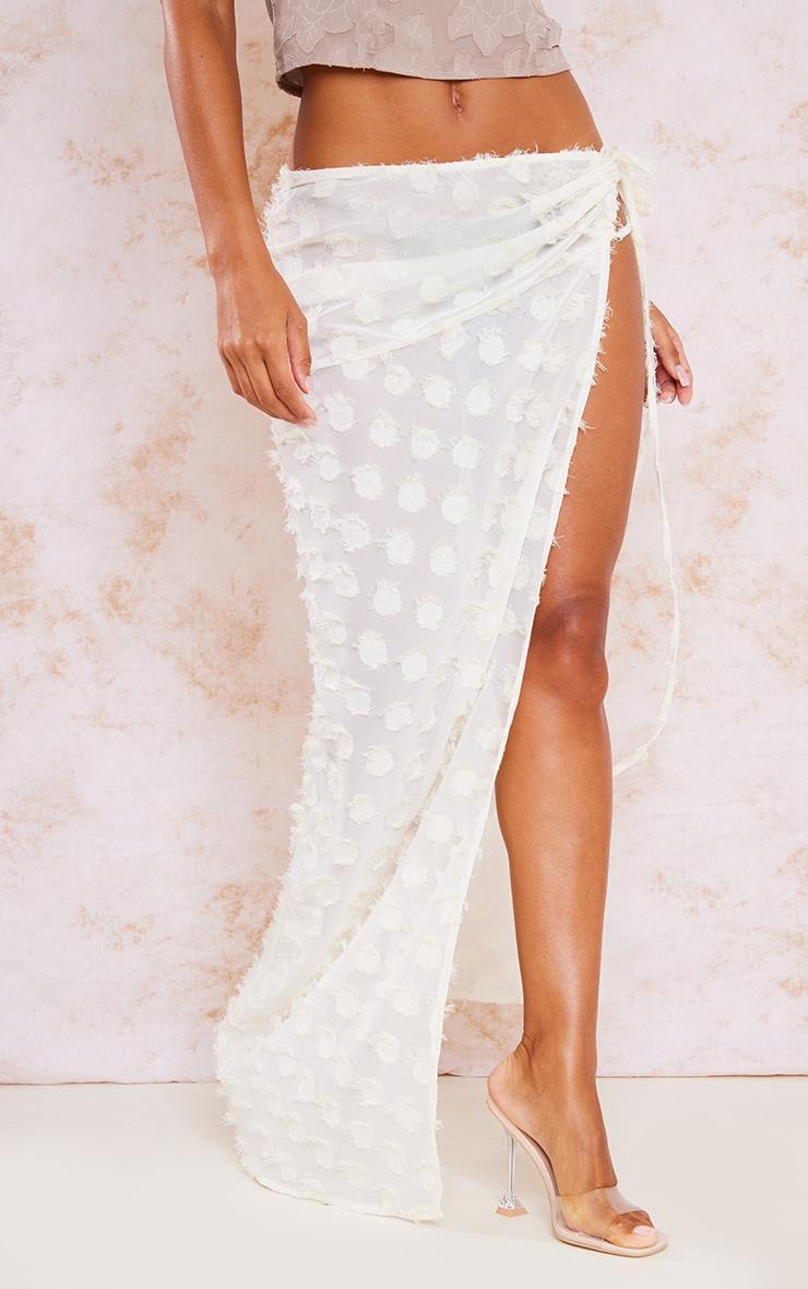 Cream Distressed Sheer Polka Dot Tie Waist Maxi Skirt Product Image