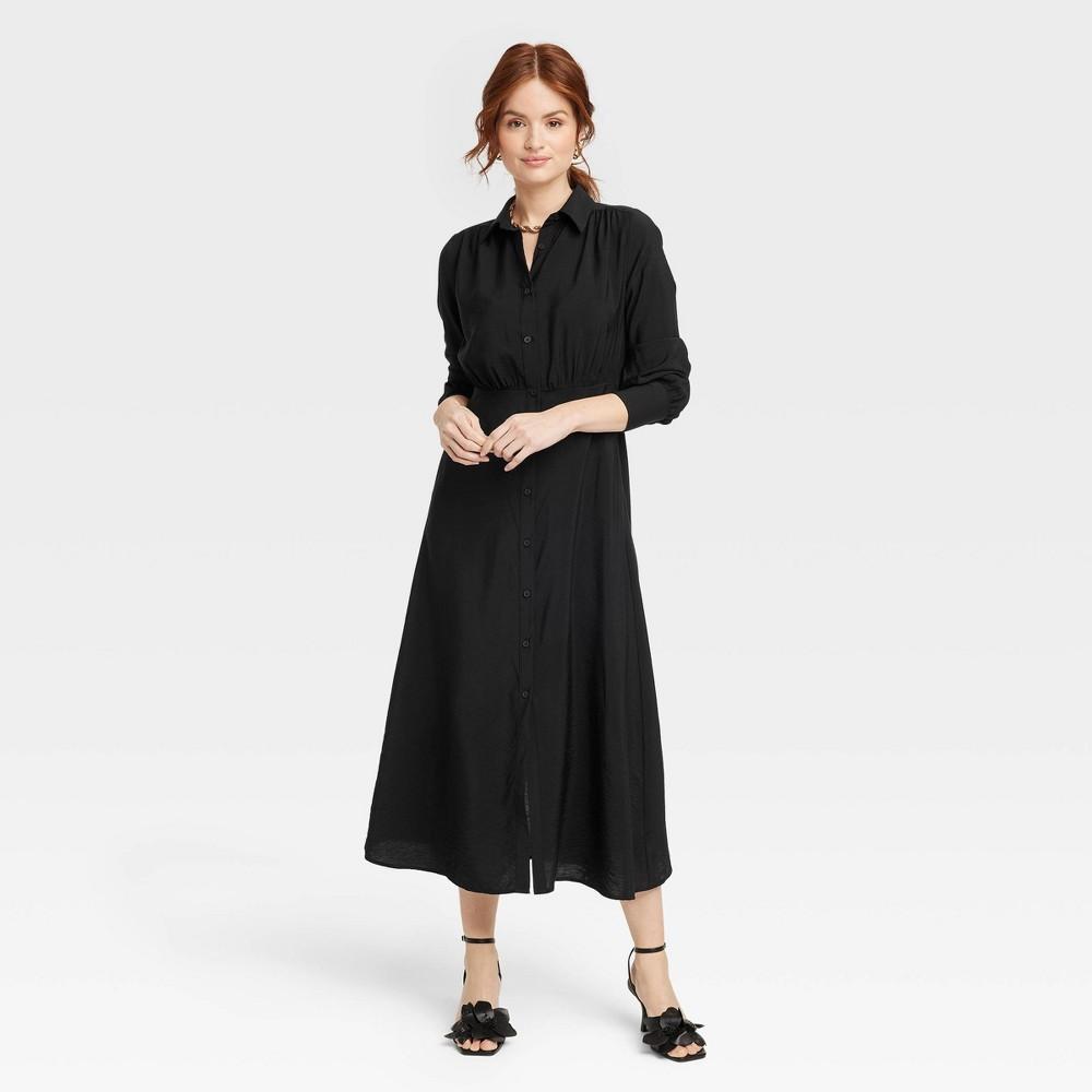 Womens Long Sleeve Collared Midi Crepe Shirtdress - A New Day Black XL Product Image