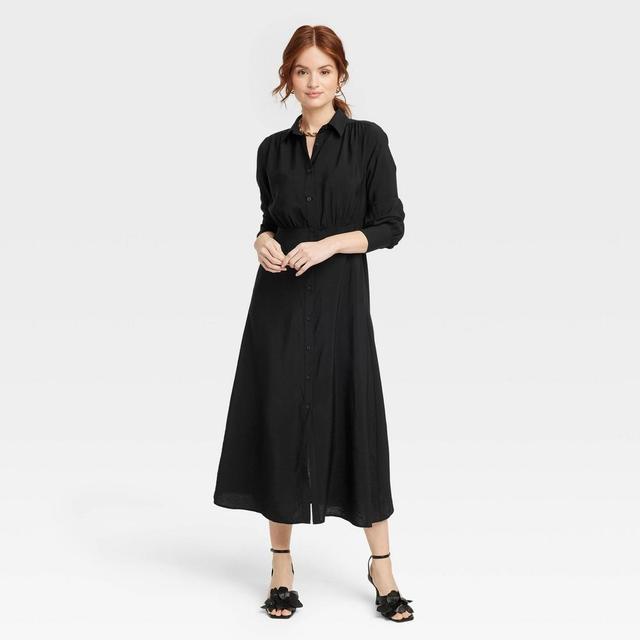 Womens Long Sleeve Collared Midi Crepe Shirtdress - A New Day Black L Product Image