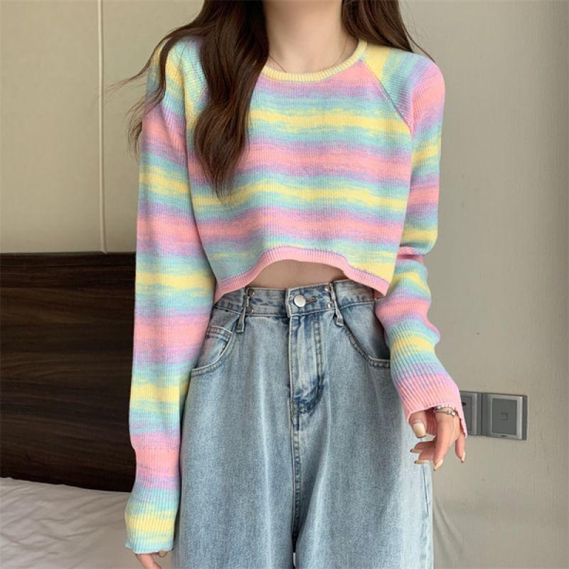 Round Neck Striped Asymmetrical Cropped Sweater Product Image