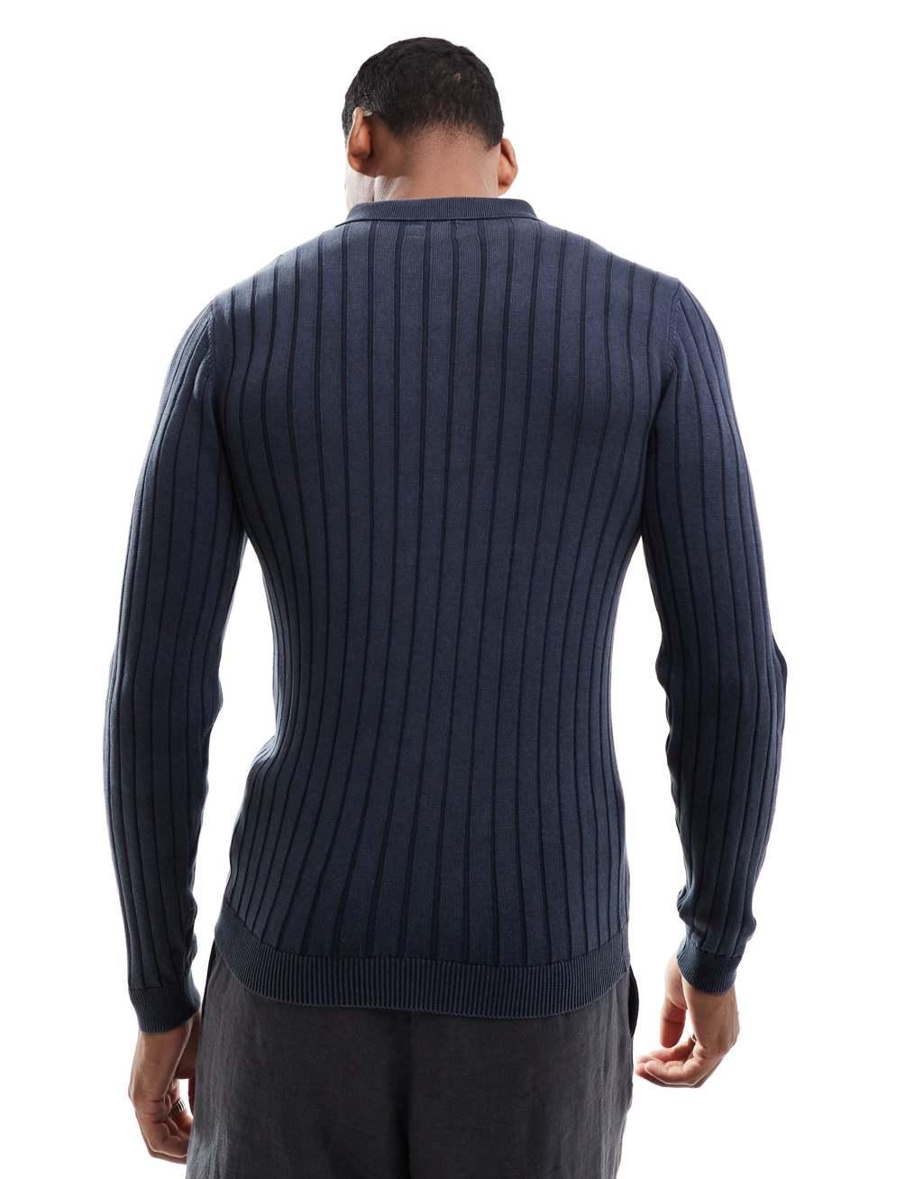 ASOS DESIGN knitted washed muscle rib polo sweater in navy  Product Image