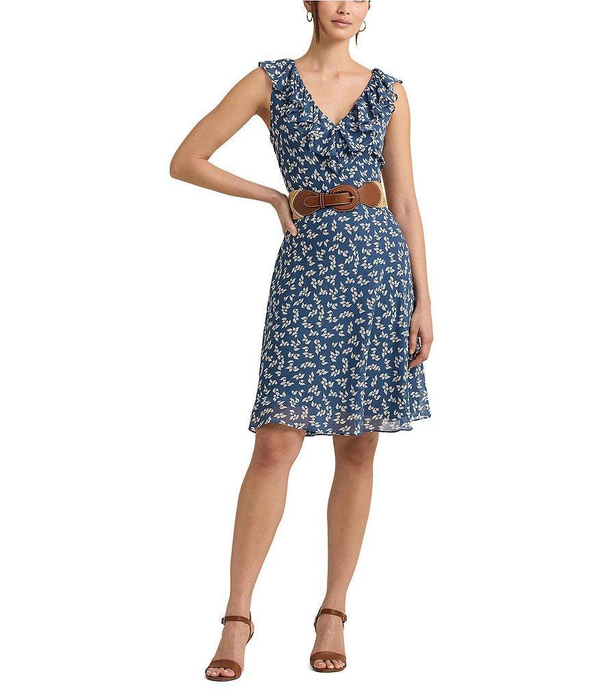 Lauren Ralph Lauren Floral Ruffle-Trim V-Neck Georgette Belted Fit and Flare Dress Product Image