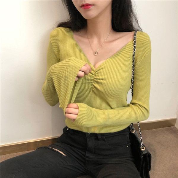 V-Neck Long Sleeve Plain Ribbed Knitted Top Product Image