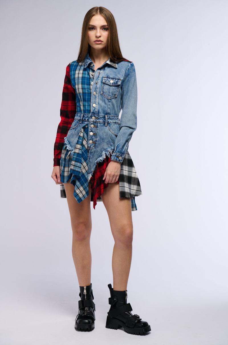 PATCHWORK PLAID DENIM MINI DRESS Product Image