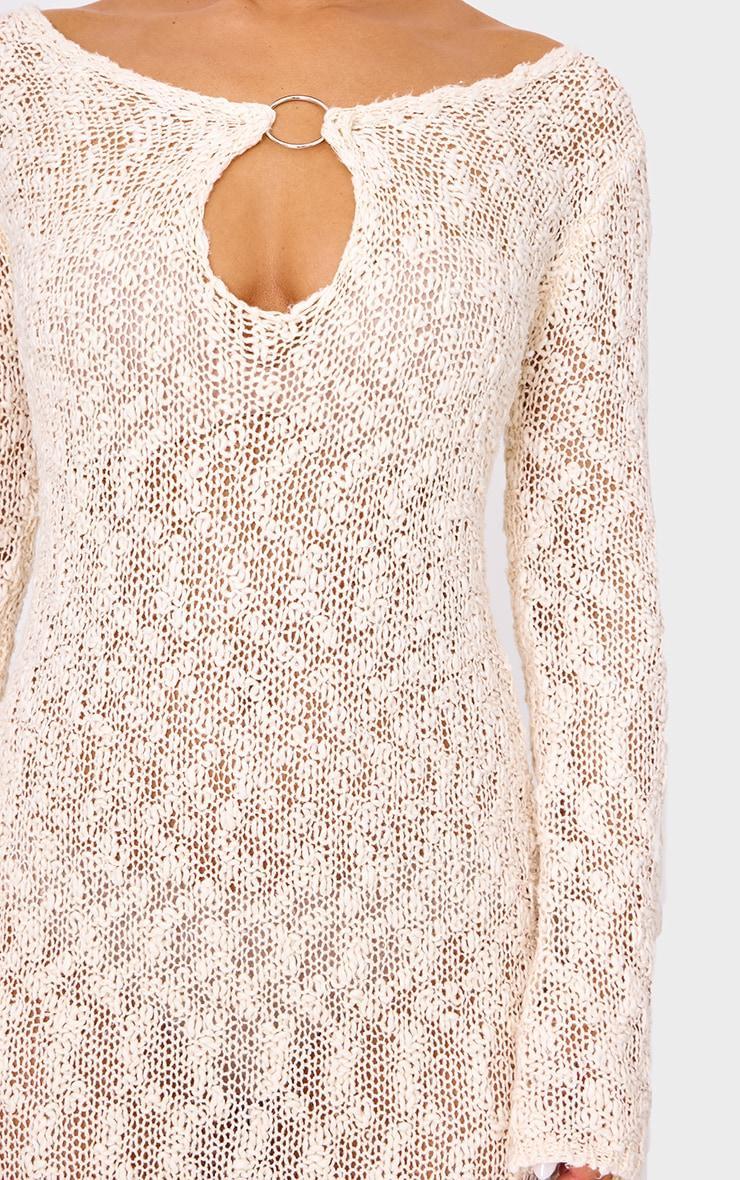 Oatmeal Textured Crochet Knit Long Sleeve Maxi Dress Product Image