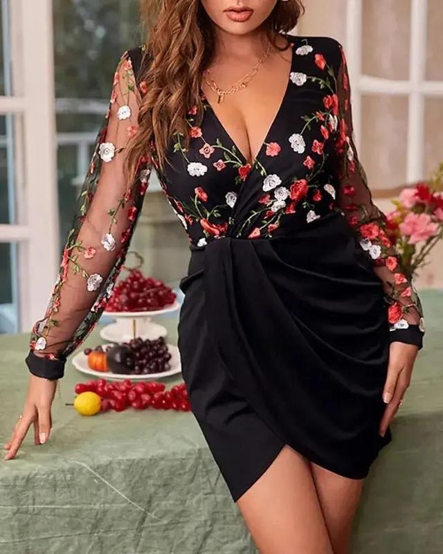 Olivia Mark – Contrast Mesh Floral Embroidered Bodycon Dress Product Image