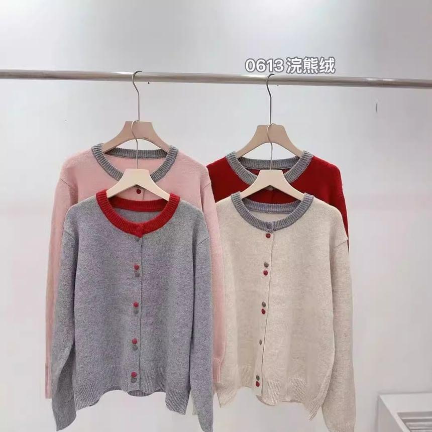 Crew Neck Contrast Trim Button-Up Cardigan Product Image