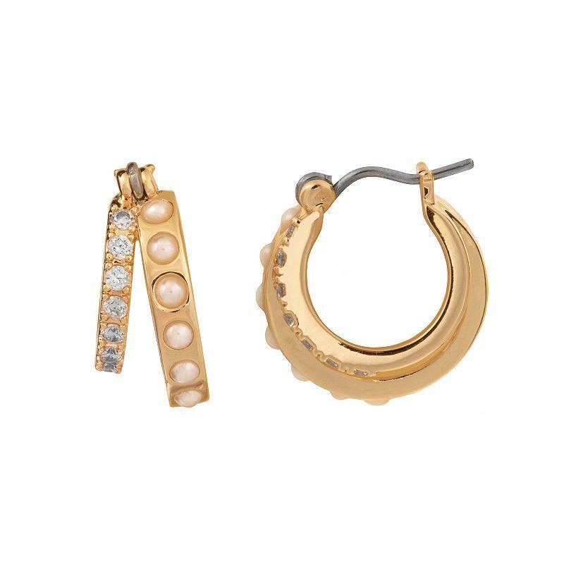 LC Lauren Conrad Simulated Pearl & Crystal Hoop Earrings, Womens, Gold Tone Product Image