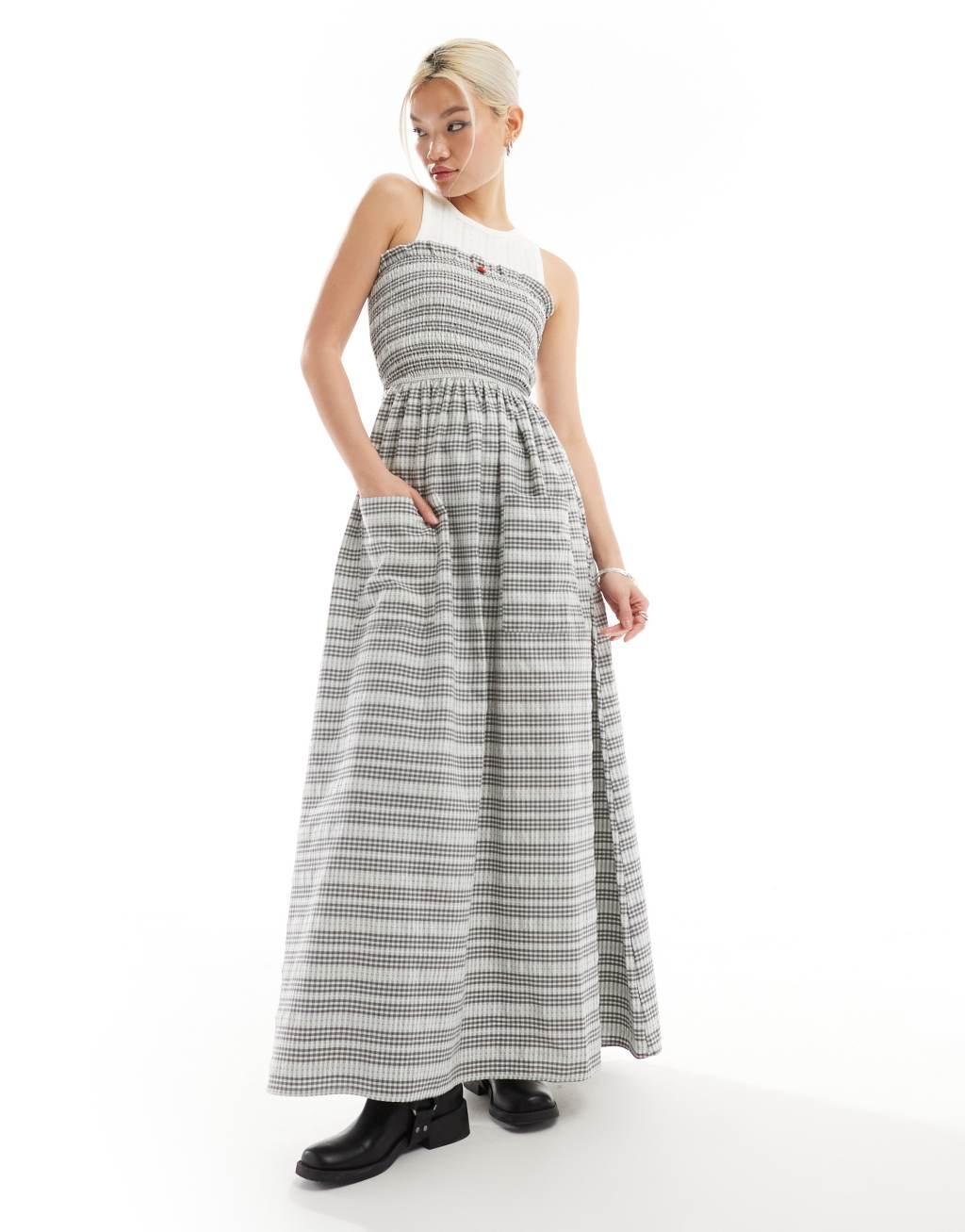 Daisy Street shirred bust maxi dress in textured plaid with rosette detail Product Image