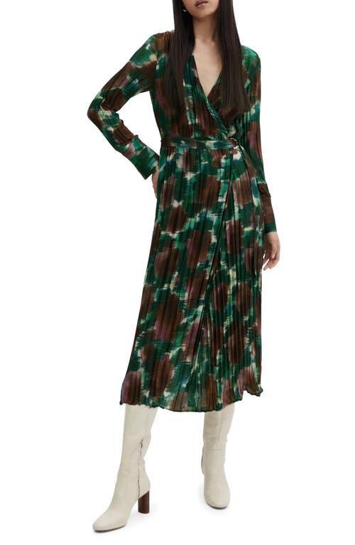 MANGO Abstract Print Pleated Belted Long Sleeve Midi Wrap Dress Product Image