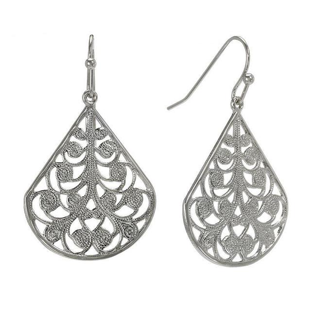 1928 Jet Filigree Teardrop Earrings, Womens, Silver Tone Product Image