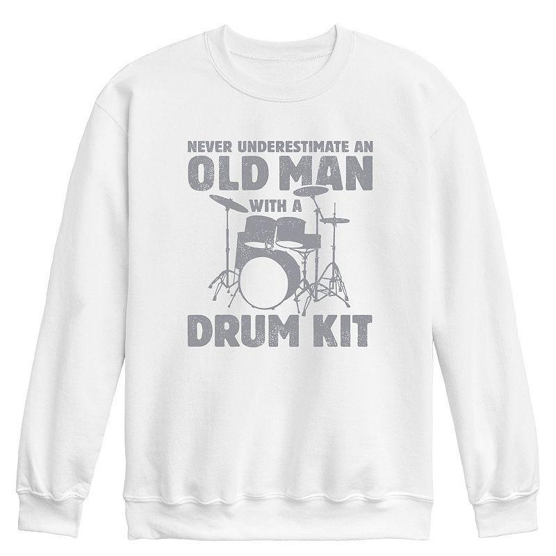 Mens Never Underestimate Old Man Drum Kit Graphic Fleece Sweatshirt White Product Image