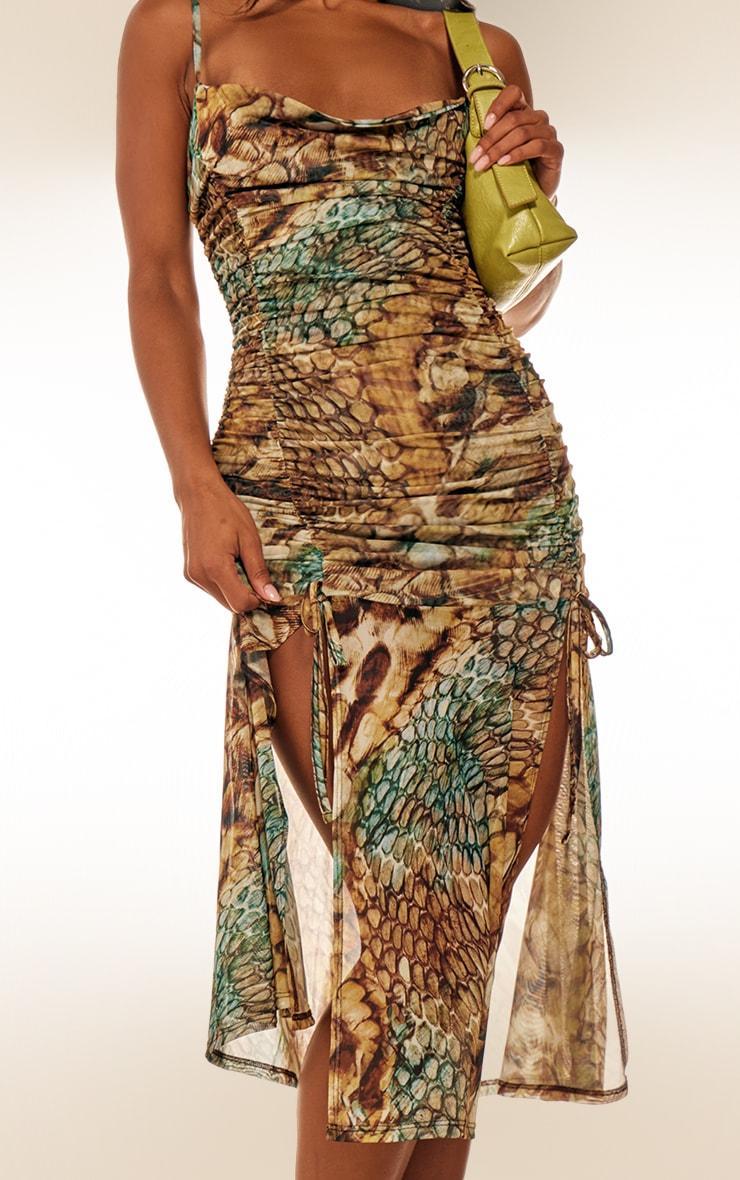 Multi Abstract Snake Print Double Layer Mesh Cowl Midi Dress Product Image