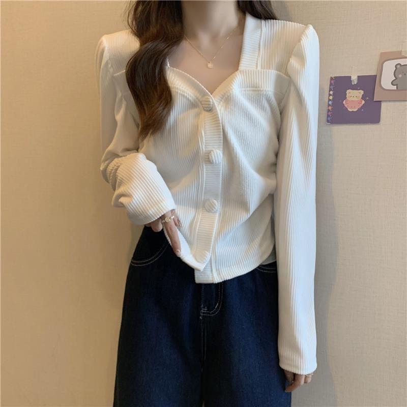 Long-Sleeve Plain Button-Up Ribbed Knit Top Product Image