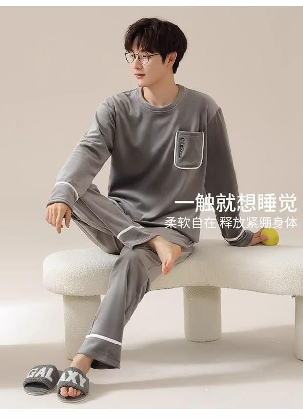 Pajama Set: Long-Sleeve Crew Neck Letter Embroidered T-Shirt + Pants Product Image