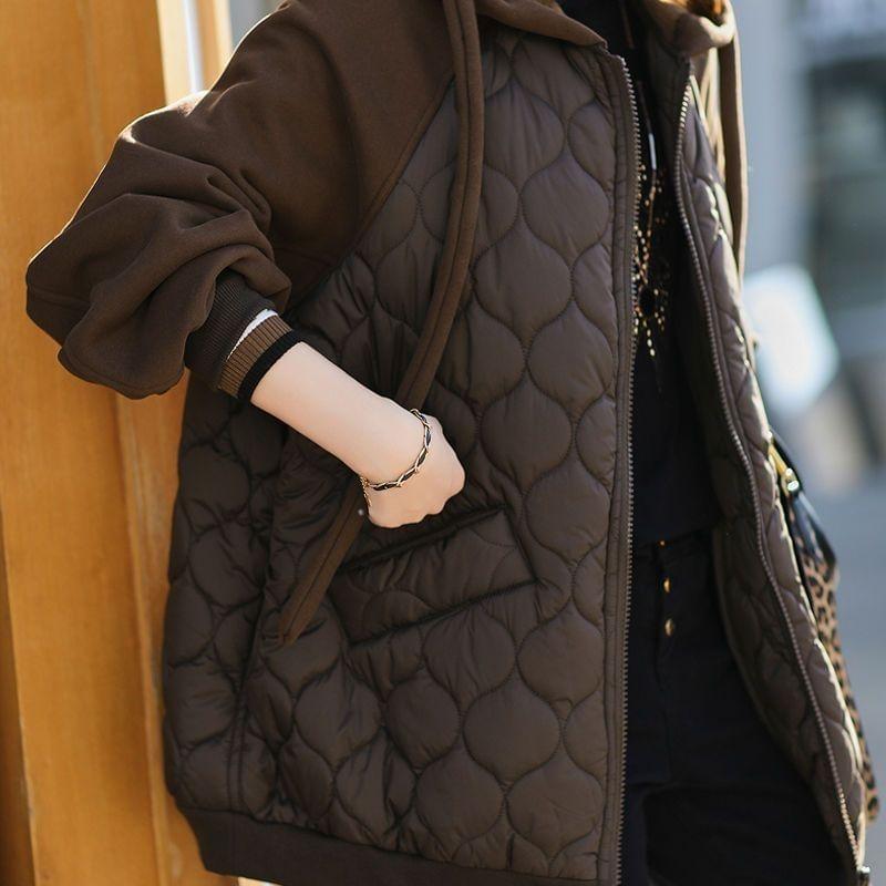 Hooded Plain Quilted Zip Up Jacket Product Image