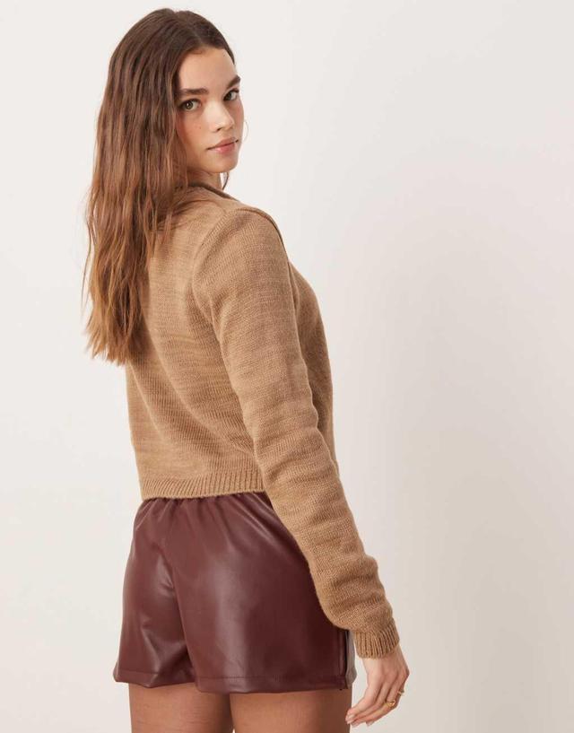 ASOS DESIGN crew neck cardigan with rolled edge detail in taupe Product Image