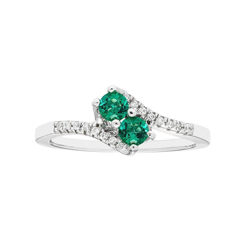 Sterling Silver Lab Created Emerald Two Stone & Diamond Accent Bypass Ring, Womens Green Product Image