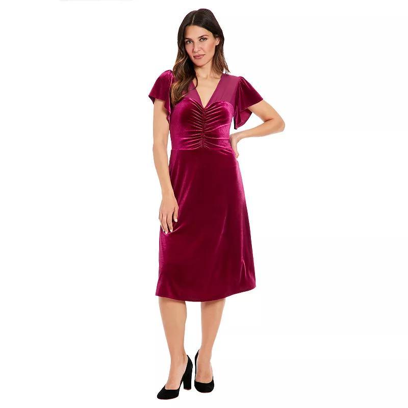 Womens London Times Velvet Illusion Flutter Sleeve Ruched Dress Pink Product Image