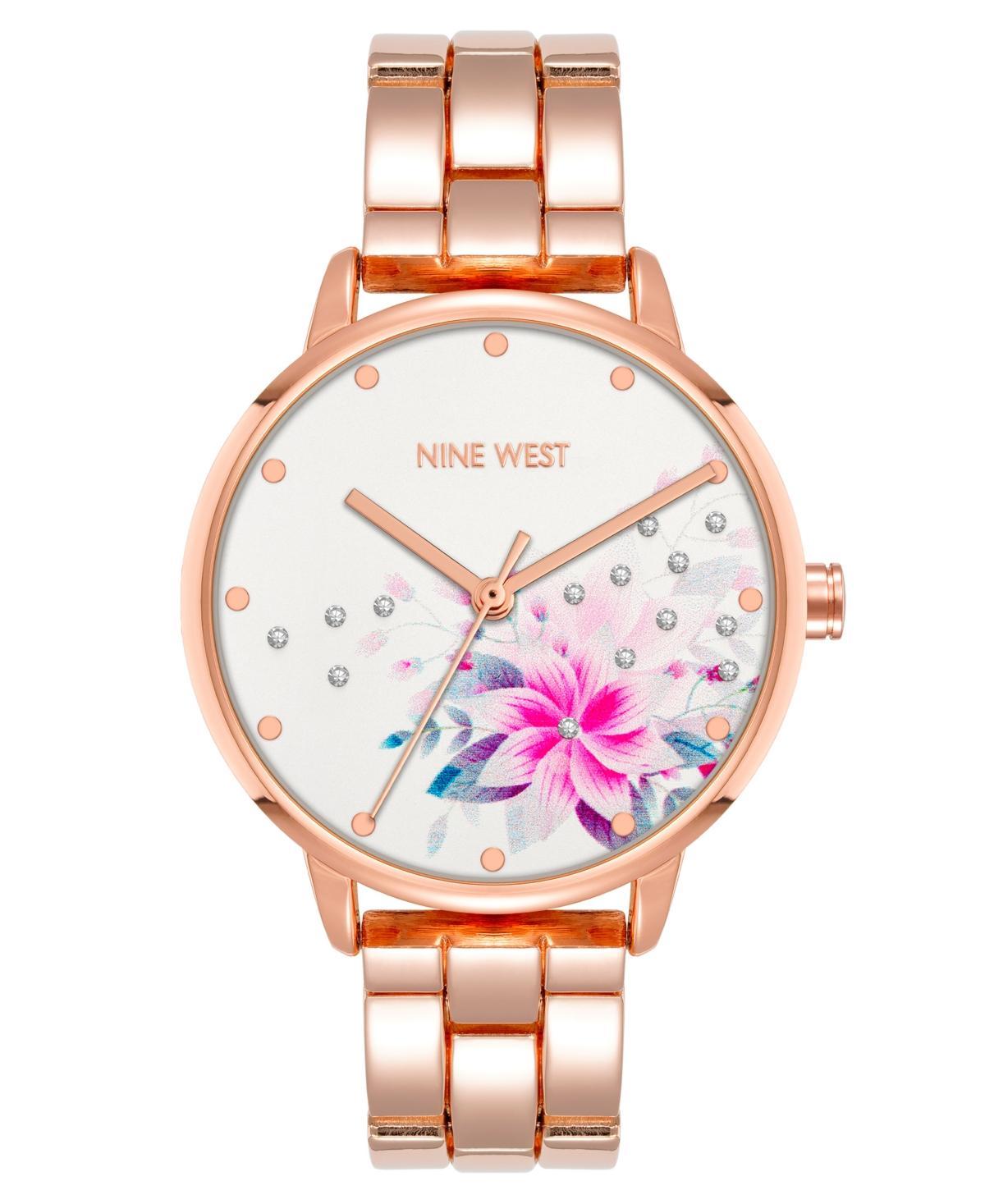 Nine West Womens Quartz Rose Gold-Tone Alloy Link Bracelet and Floral Pattern Watch, 36mm Product Image