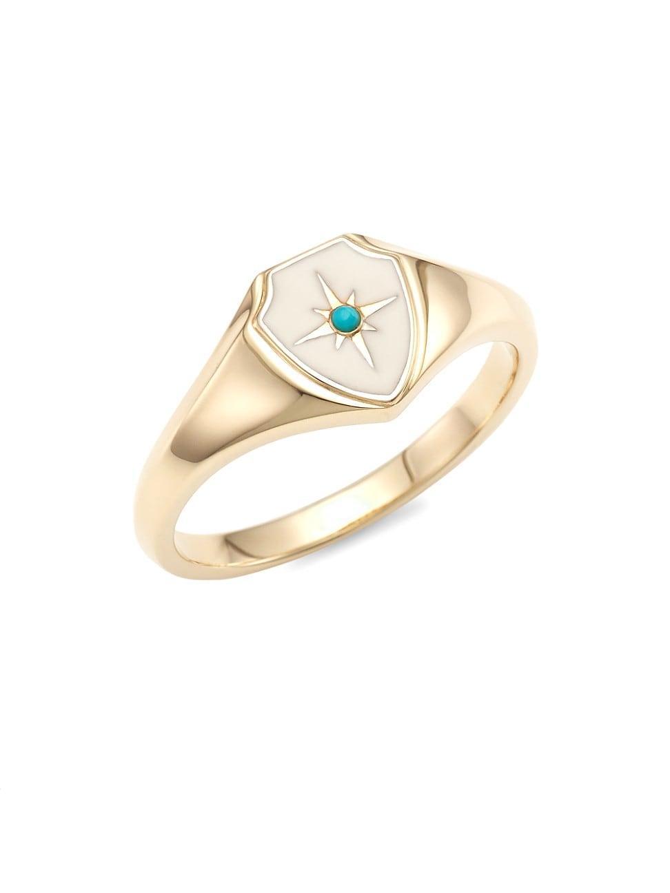 Womens 14K Yellow Gold, Enamel & Turquoise Starburst Crest Signet Ring Product Image