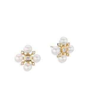 Womens Renaissance Pearl Stud Earrings In 18K Yellow Gold With Diamonds Product Image