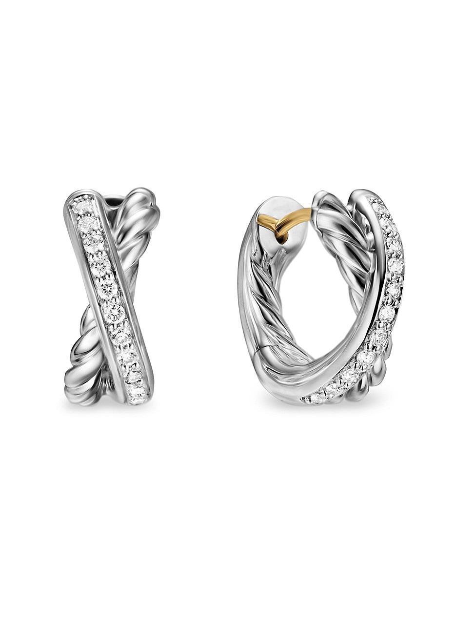 Womens Crossover Huggie Hoop Earrings in Sterling Silver with Diamonds, 12.4MM Product Image