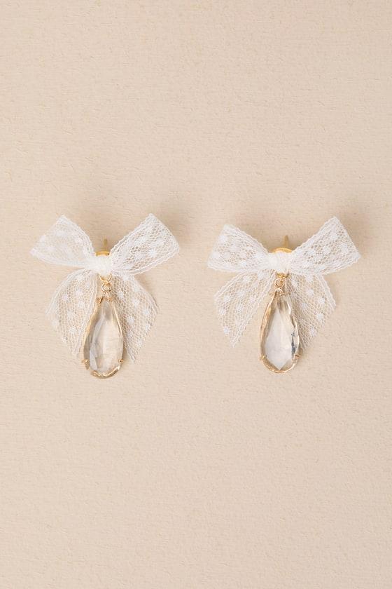 Successful Elegance White Tulle Bow Rhinestone Earrings Product Image