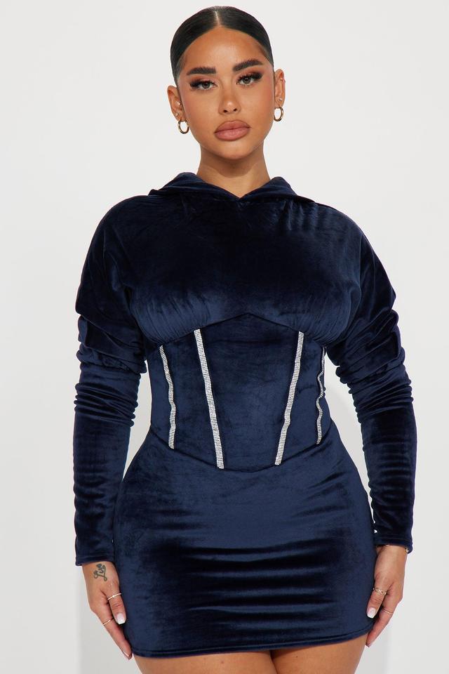 Bronx Babe Hooded Velour Mini Dress - Navy Product Image