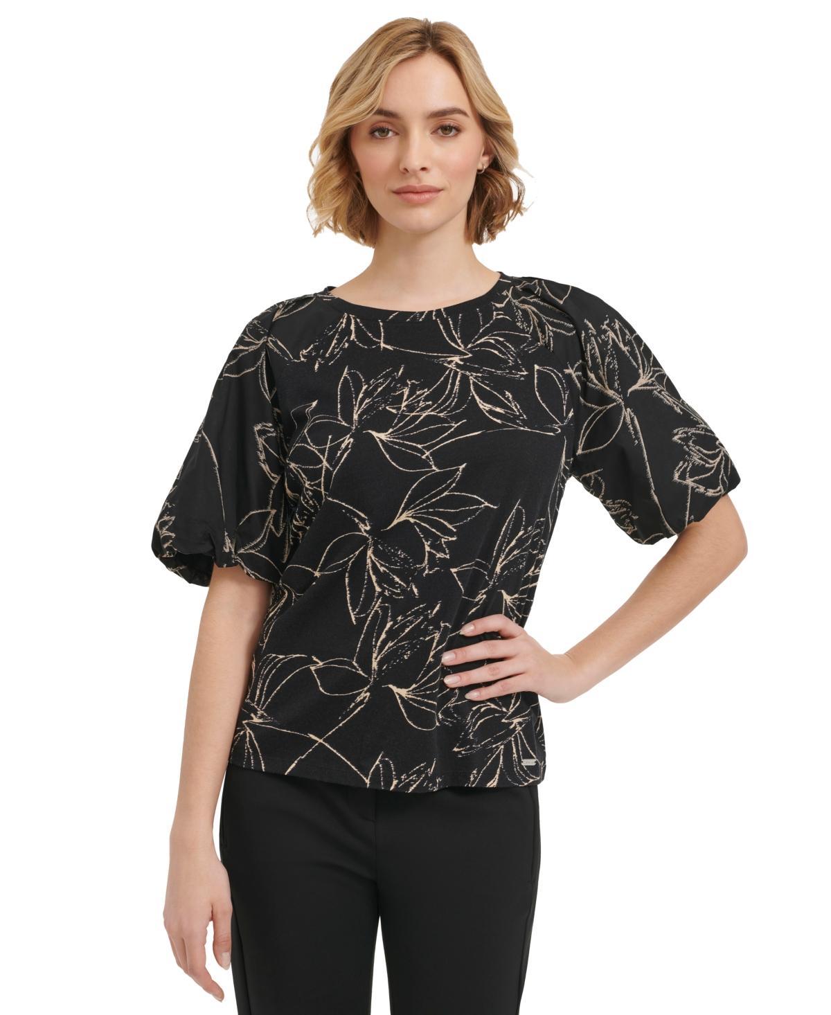 Calvin Klein Womens Mixed Media Puff Sleeve Top Product Image