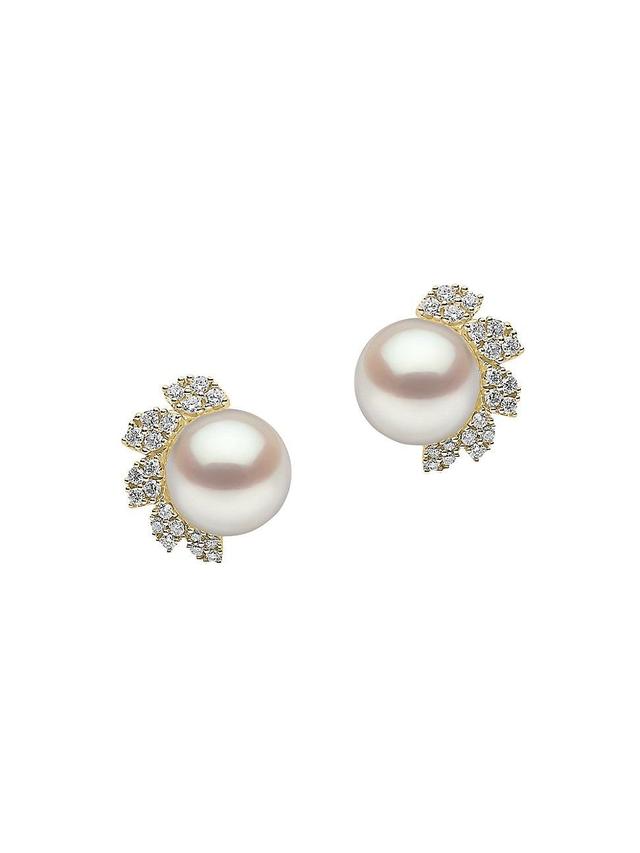 Womens Trend 18K Yellow Gold, Freshwater Pearl & Diamond Stud Earrings Product Image