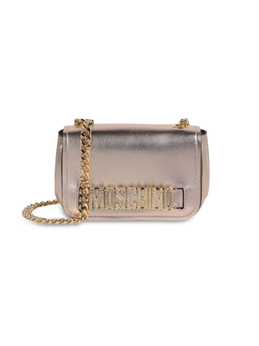 MOSCHINO Metallic Leather Crystal-embellished Logo Crossbody Bag In Gold Product Image