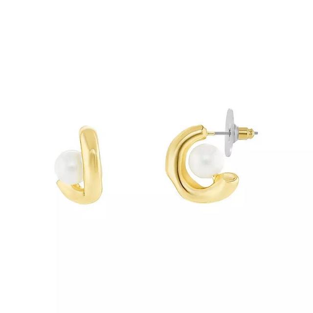 Emberly Gold Tone Simulated White Pearl on Hammered C-Hoop Earrings, Womens Product Image